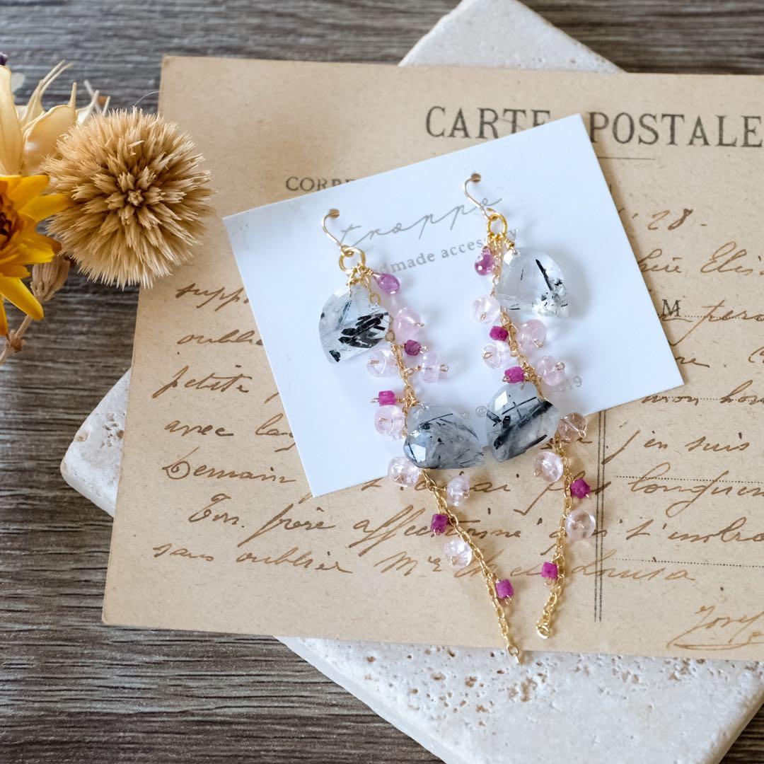 14kgfダブルハートロングピアス/イヤリング