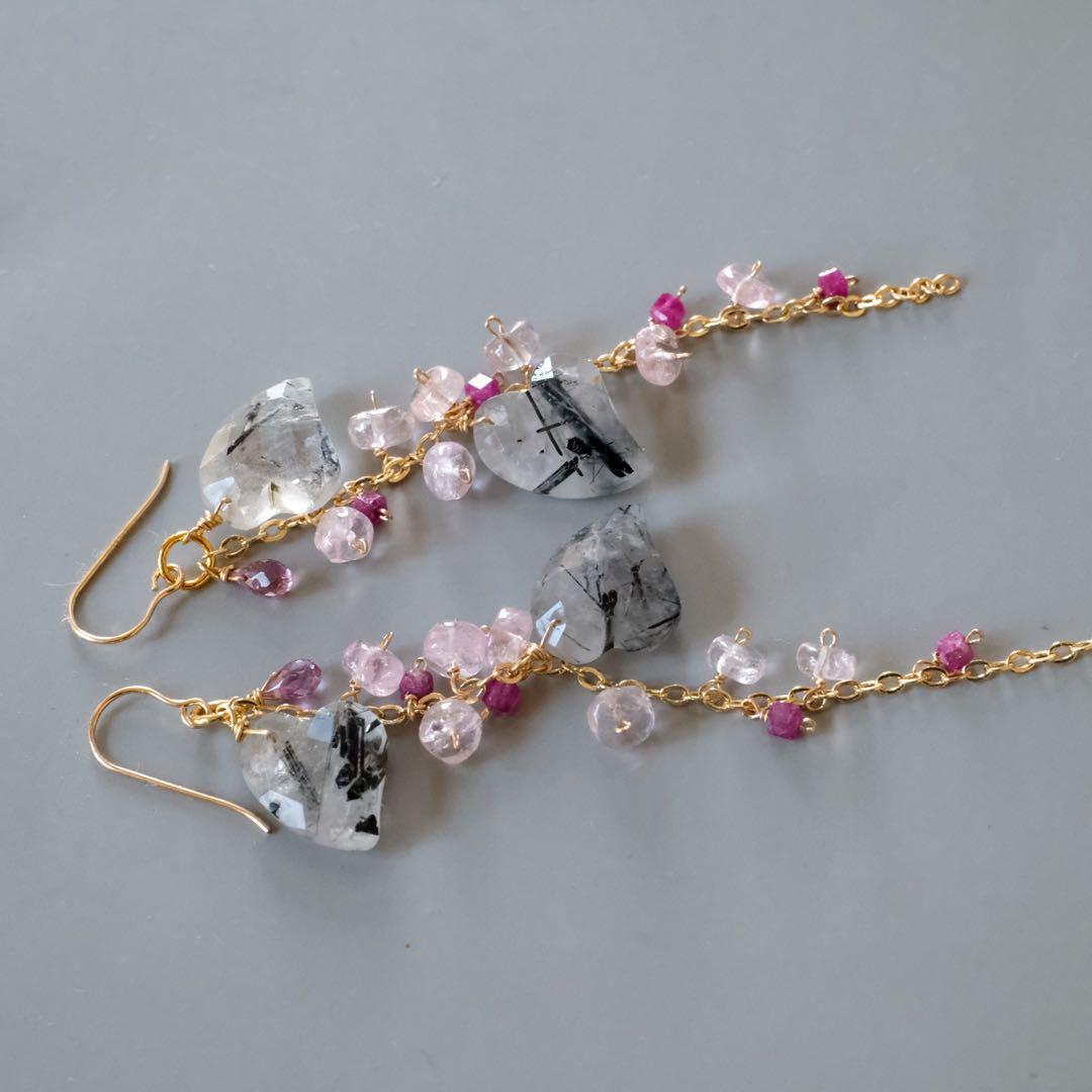 14kgfダブルハートロングピアス/イヤリング