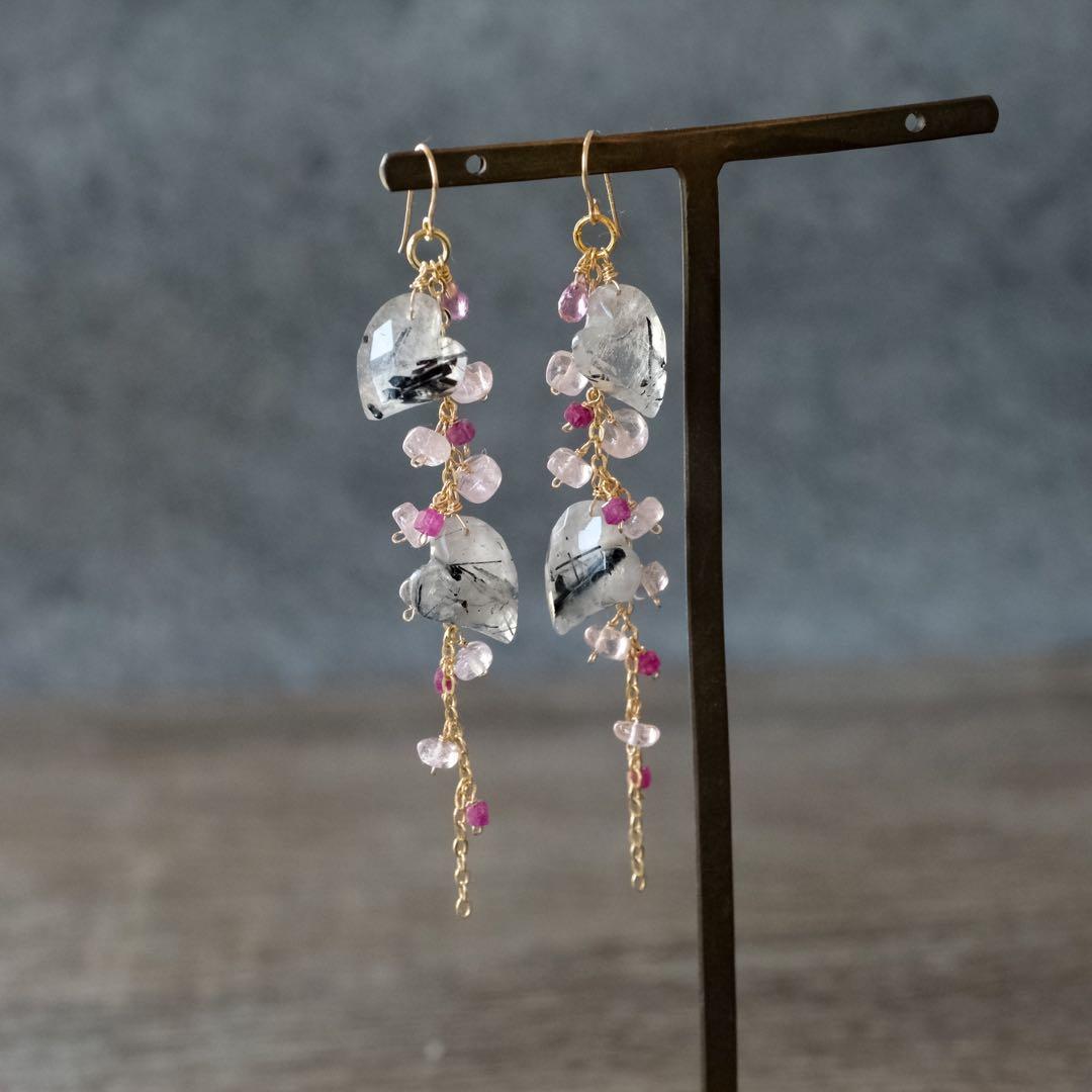 14kgfダブルハートロングピアス/イヤリング