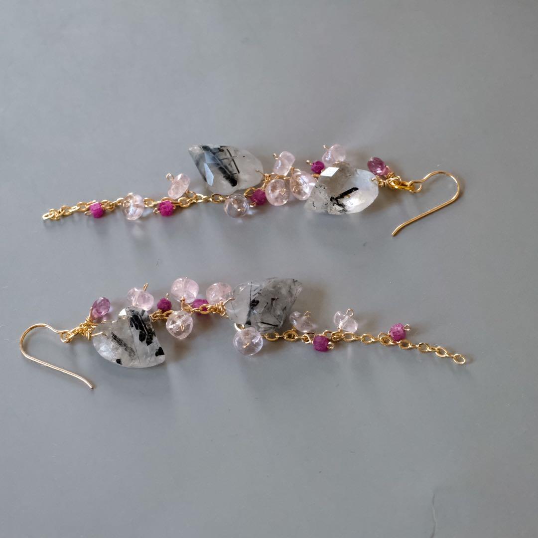 14kgfダブルハートロングピアス/イヤリング