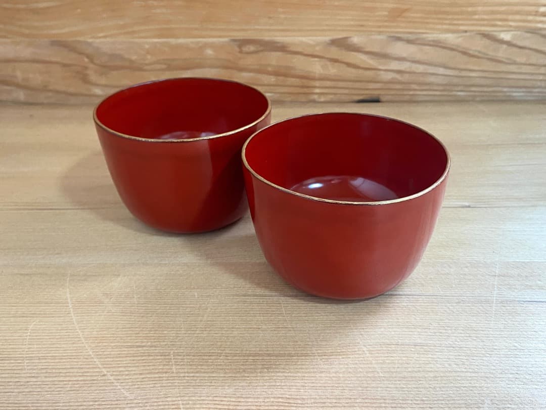 能登蔵出し 輪島塗 朱漆 金縁 蕎麦猪口 2客 / 時代 朱塗 漆器 向付