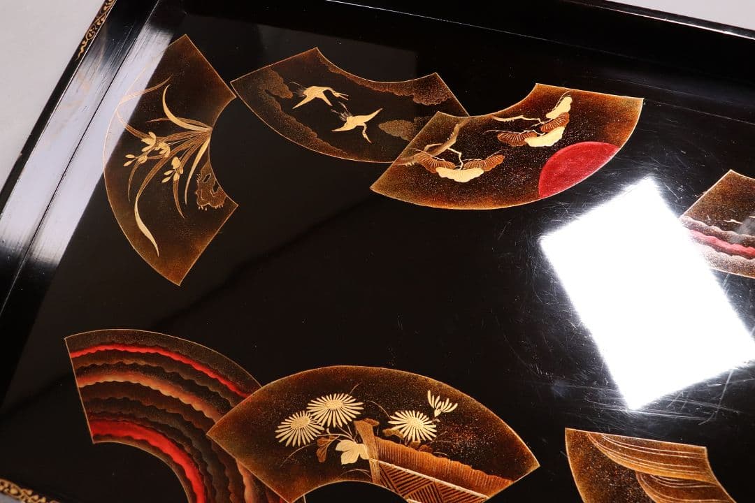 時代 広蓋 二枚組 59.1cm 扇面めでた図蒔絵 長方盆 木製【MA278】