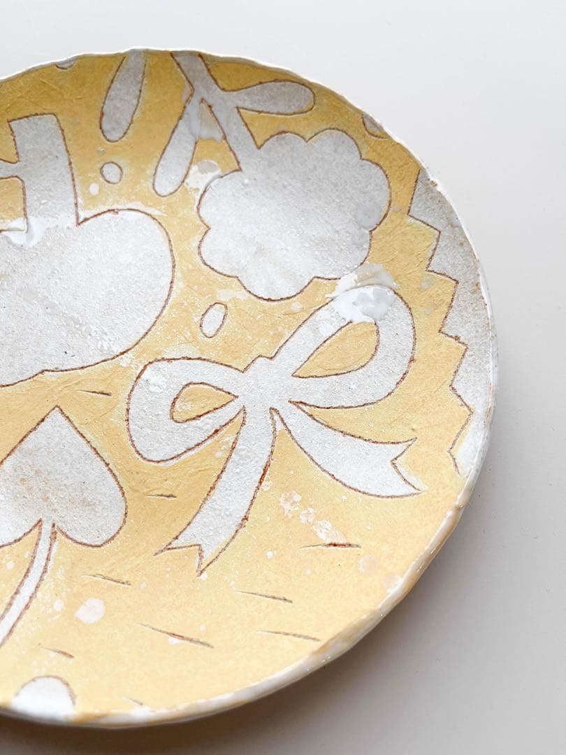 未使用【鹿児島睦】りんごと花 リボン プレート 黄 16.5cm｜限定・個展作品
