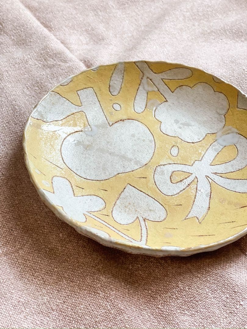 未使用【鹿児島睦】りんごと花 リボン プレート 黄 16.5cm｜限定・個展作品