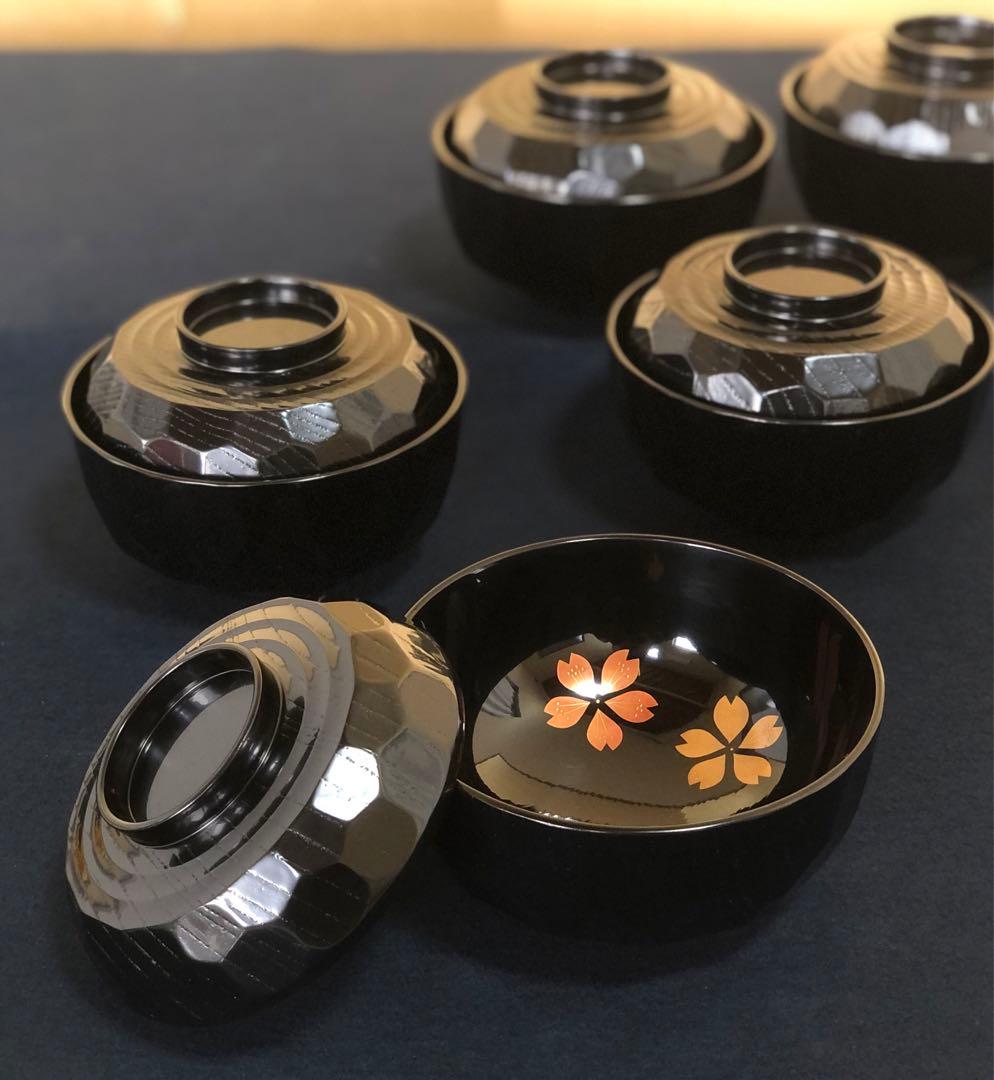 《R》輪島塗 雪月花 煮物椀5客 蒔絵師玉峯 塗師静峰 共箱 260128く2