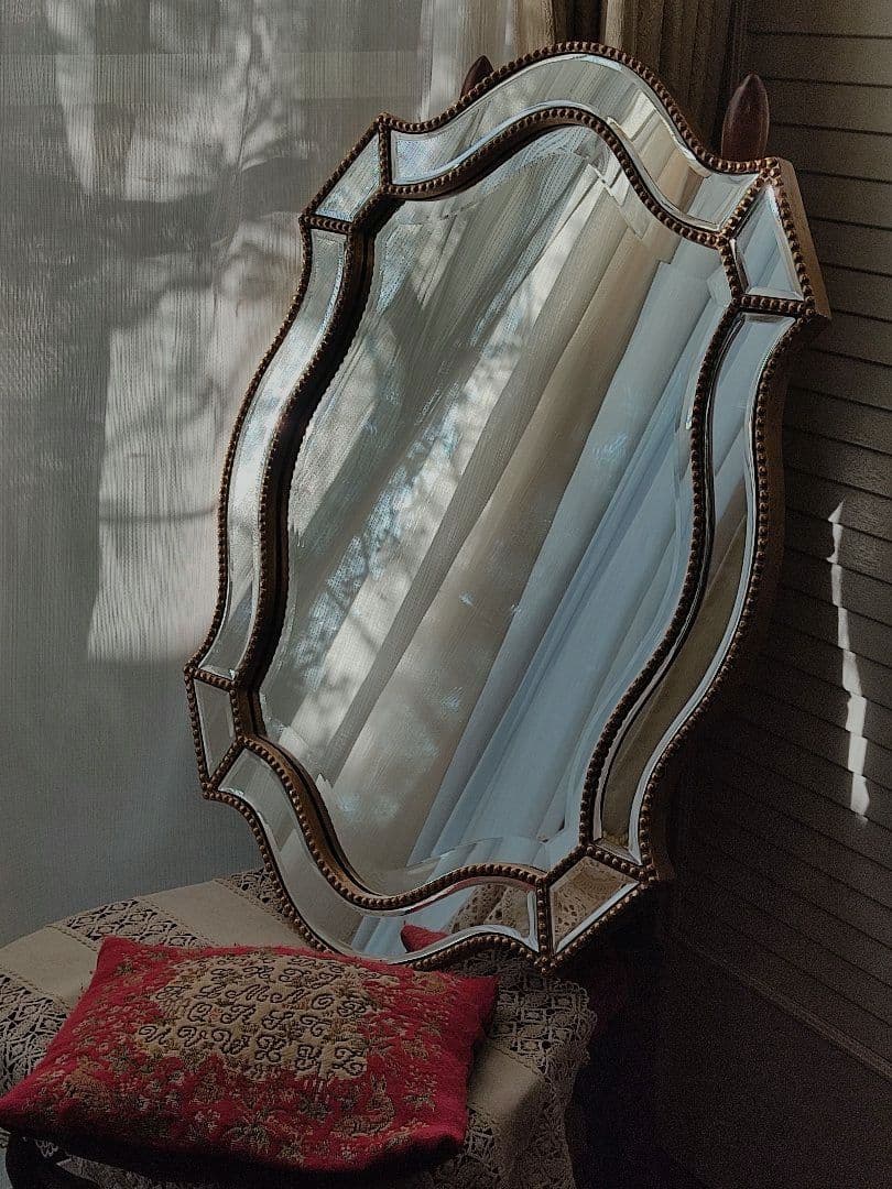 鏡　面取り　木製　ビンテージ　　アンティーク