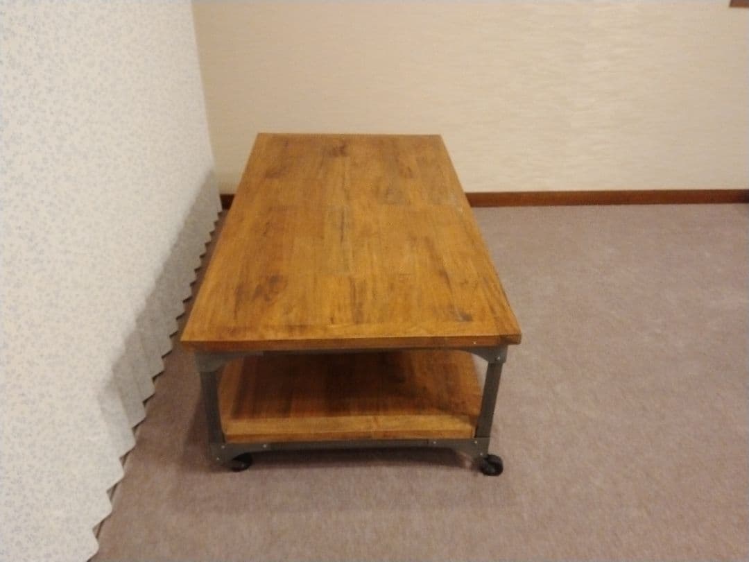 木製＆スチールセンターテーブル キャスター付き