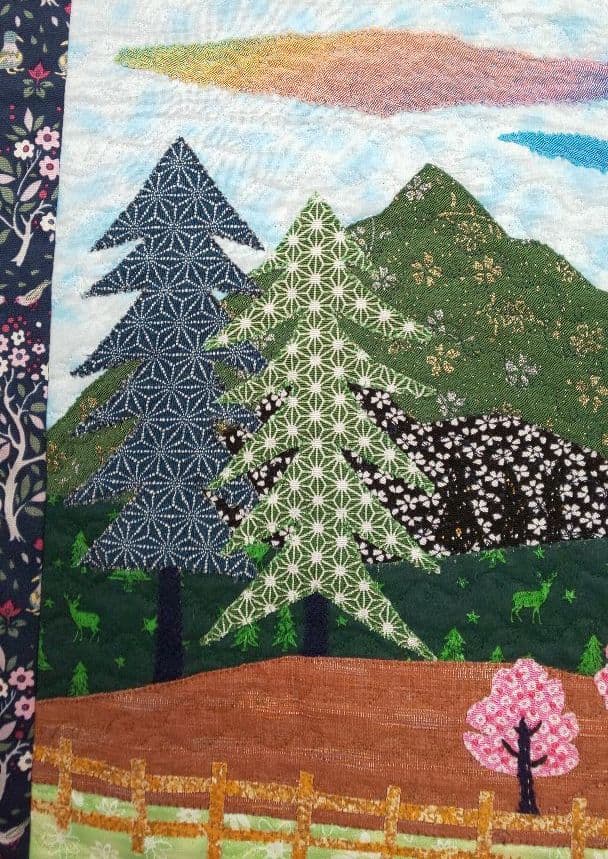 アップリケ　キルト　タペストリー　山と馬のいる風景