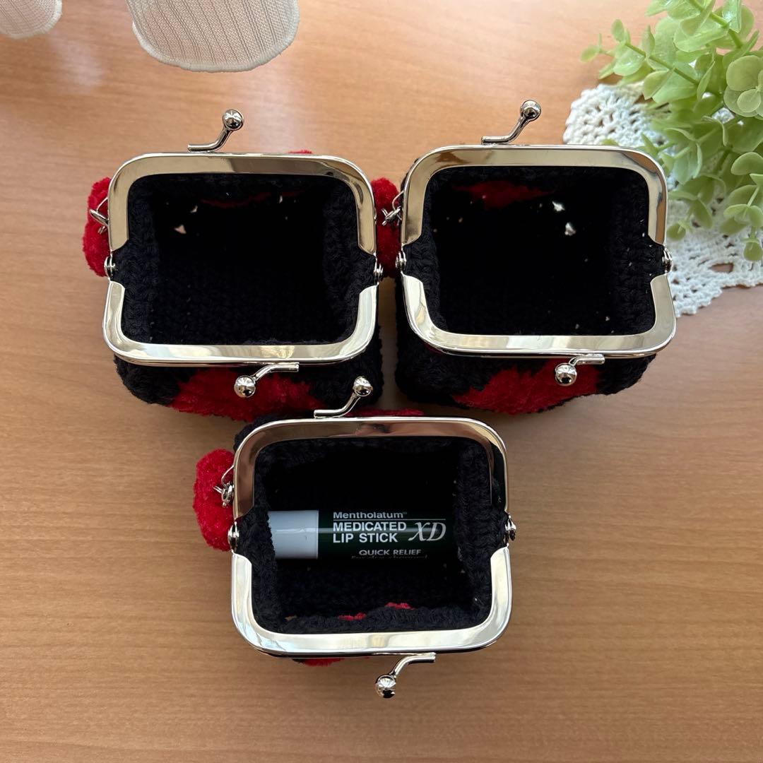 ハンドメイド かぎ編みがま口ポーチ モチーフ編み ハート 3点 チャーム