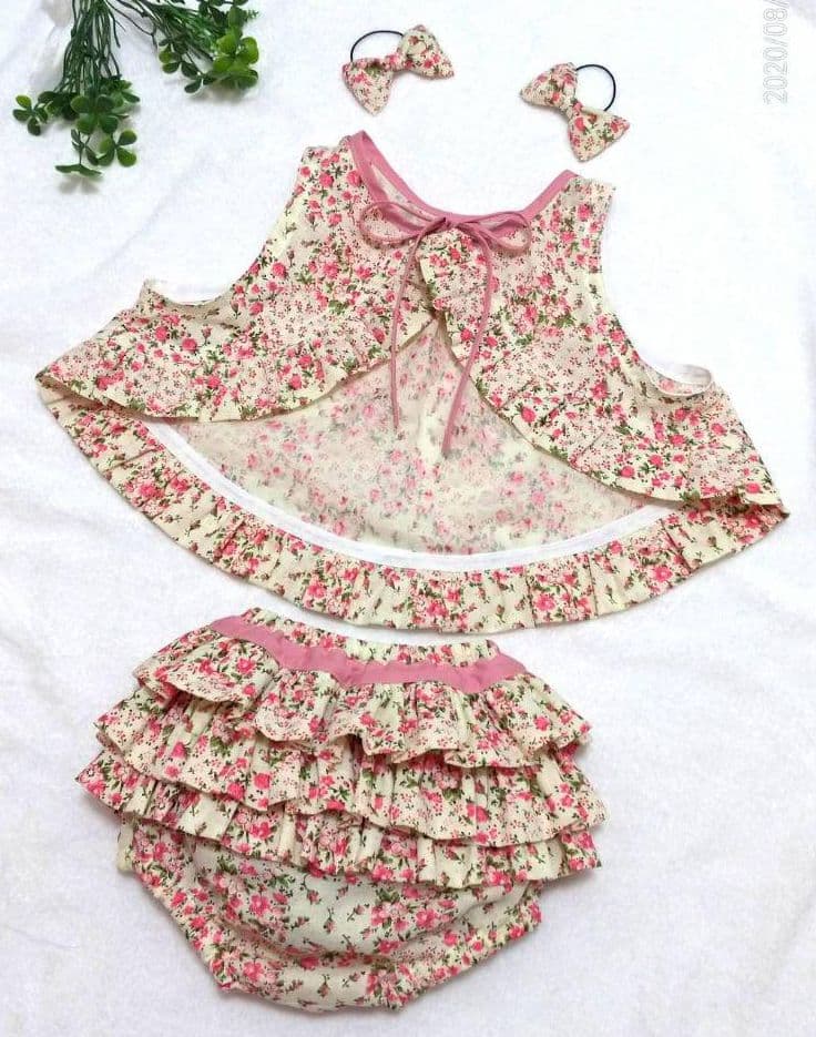 ☆限定在庫sale☆3点エプロンスタイ&フリルパンツ&リボンゴム(花柄ピンク)