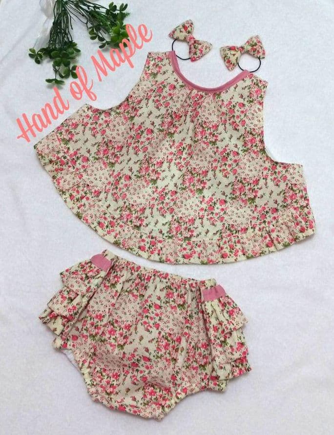 ☆限定在庫sale☆3点エプロンスタイ&フリルパンツ&リボンゴム(花柄ピンク)