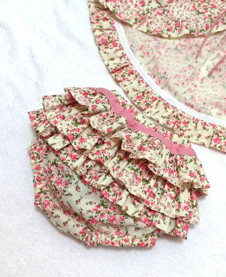 ☆限定在庫sale☆3点エプロンスタイ&フリルパンツ&リボンゴム(花柄ピンク)