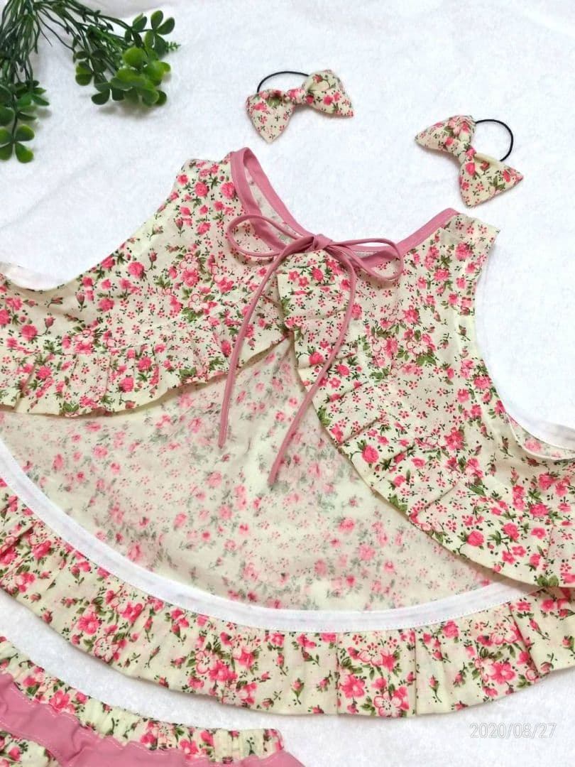 ☆限定在庫sale☆3点エプロンスタイ&フリルパンツ&リボンゴム(花柄ピンク)