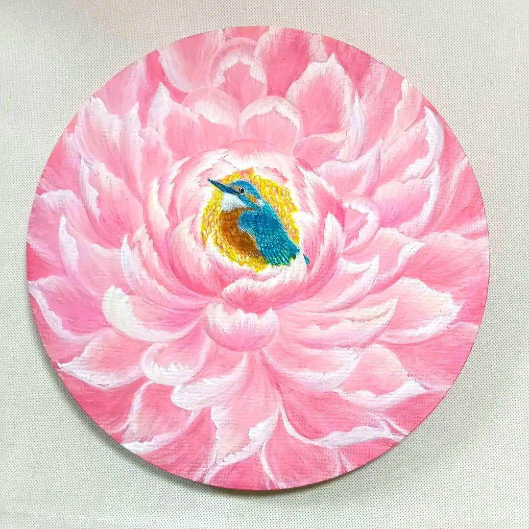 No.563 丸形キャンバス　カワセミ牡丹　アクリル画　開運絵画