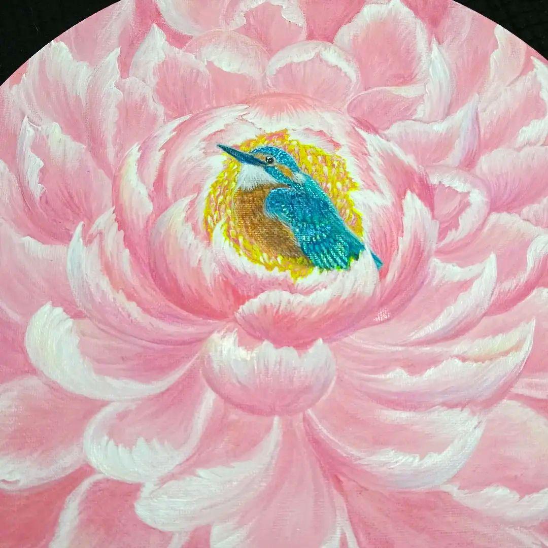 No.563 丸形キャンバス　カワセミ牡丹　アクリル画　開運絵画