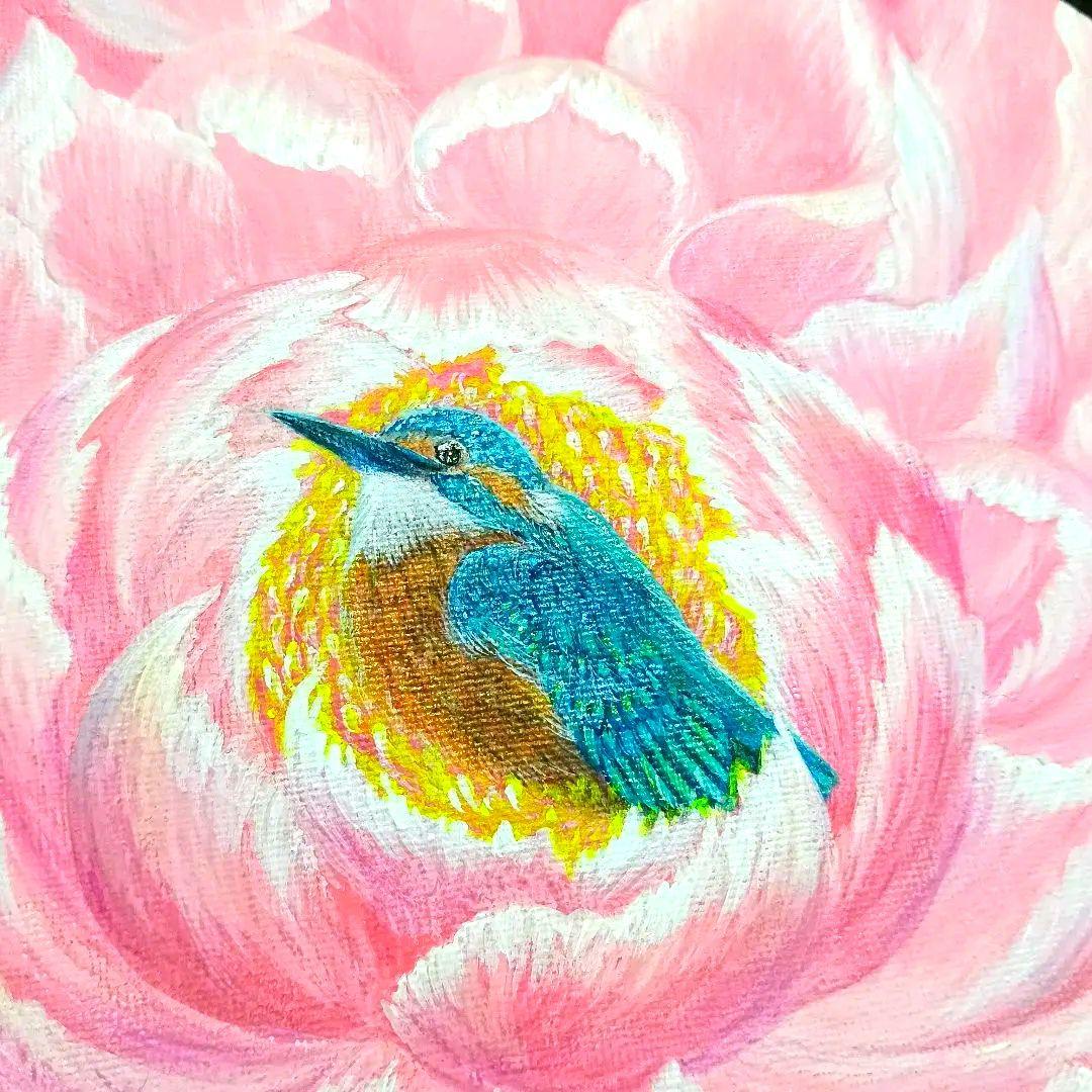 No.563 丸形キャンバス　カワセミ牡丹　アクリル画　開運絵画