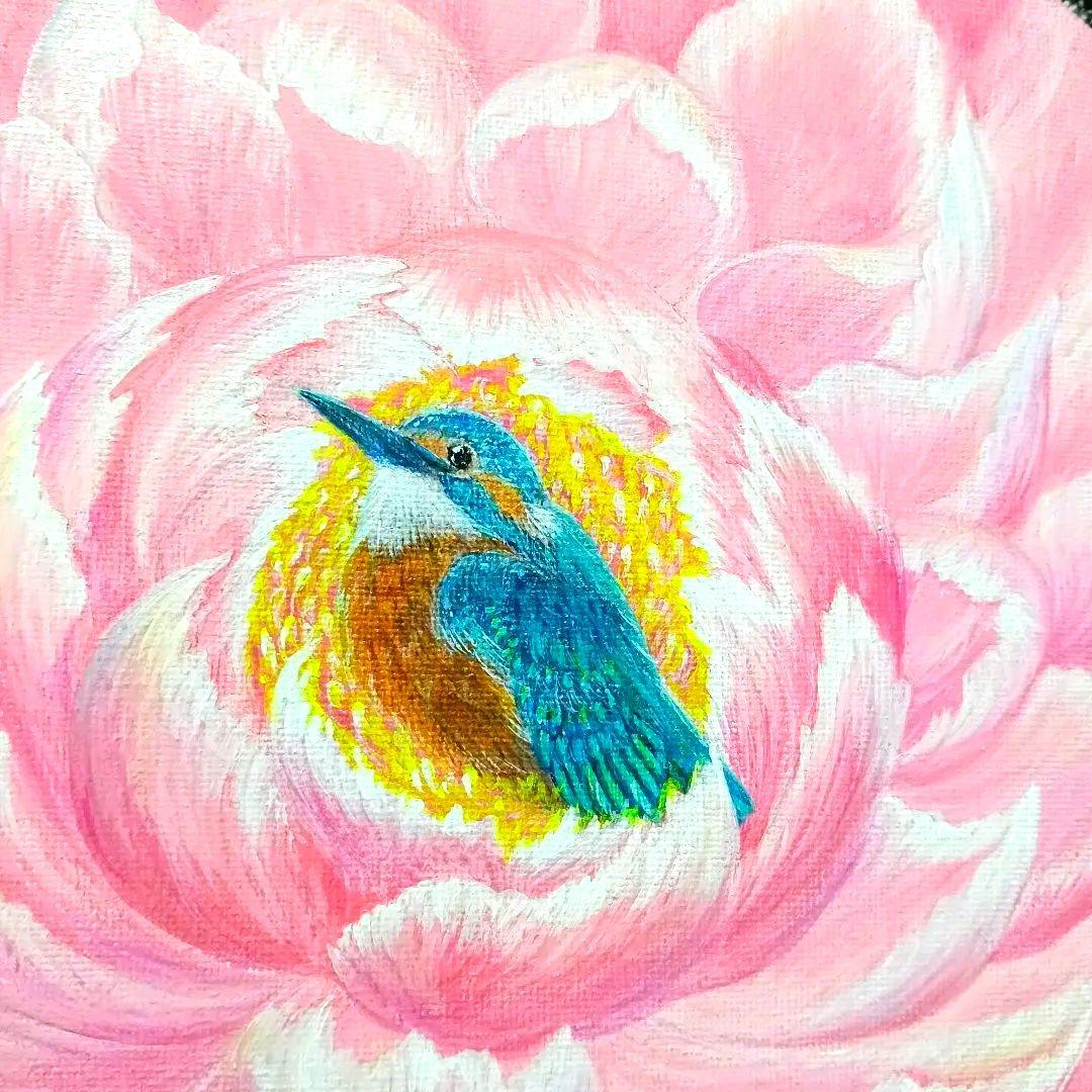 No.563 丸形キャンバス　カワセミ牡丹　アクリル画　開運絵画