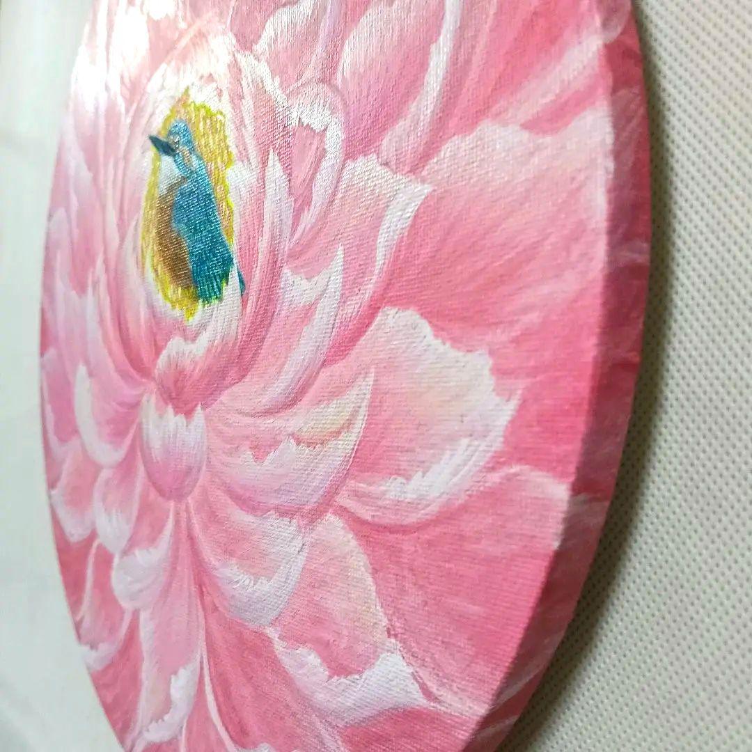 No.563 丸形キャンバス　カワセミ牡丹　アクリル画　開運絵画