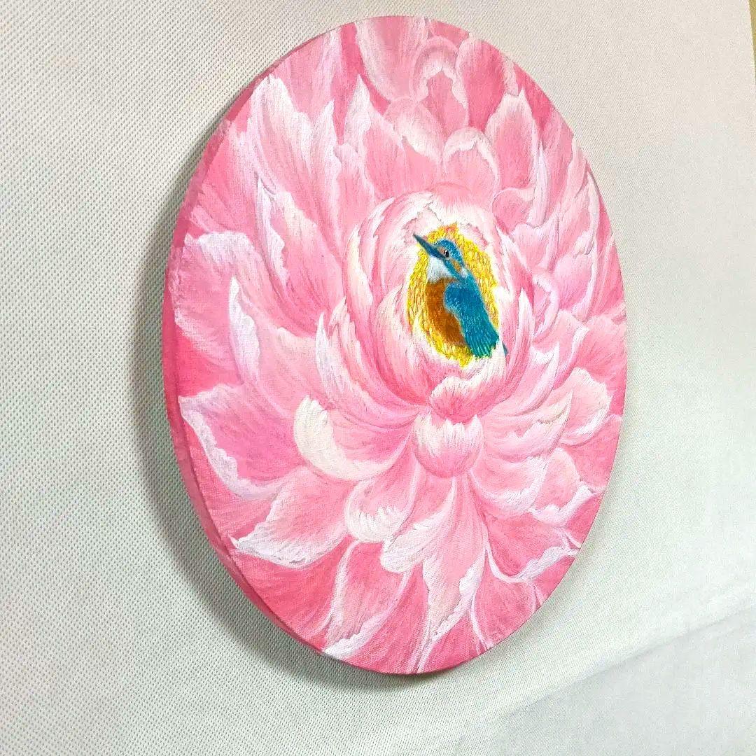 No.563 丸形キャンバス　カワセミ牡丹　アクリル画　開運絵画