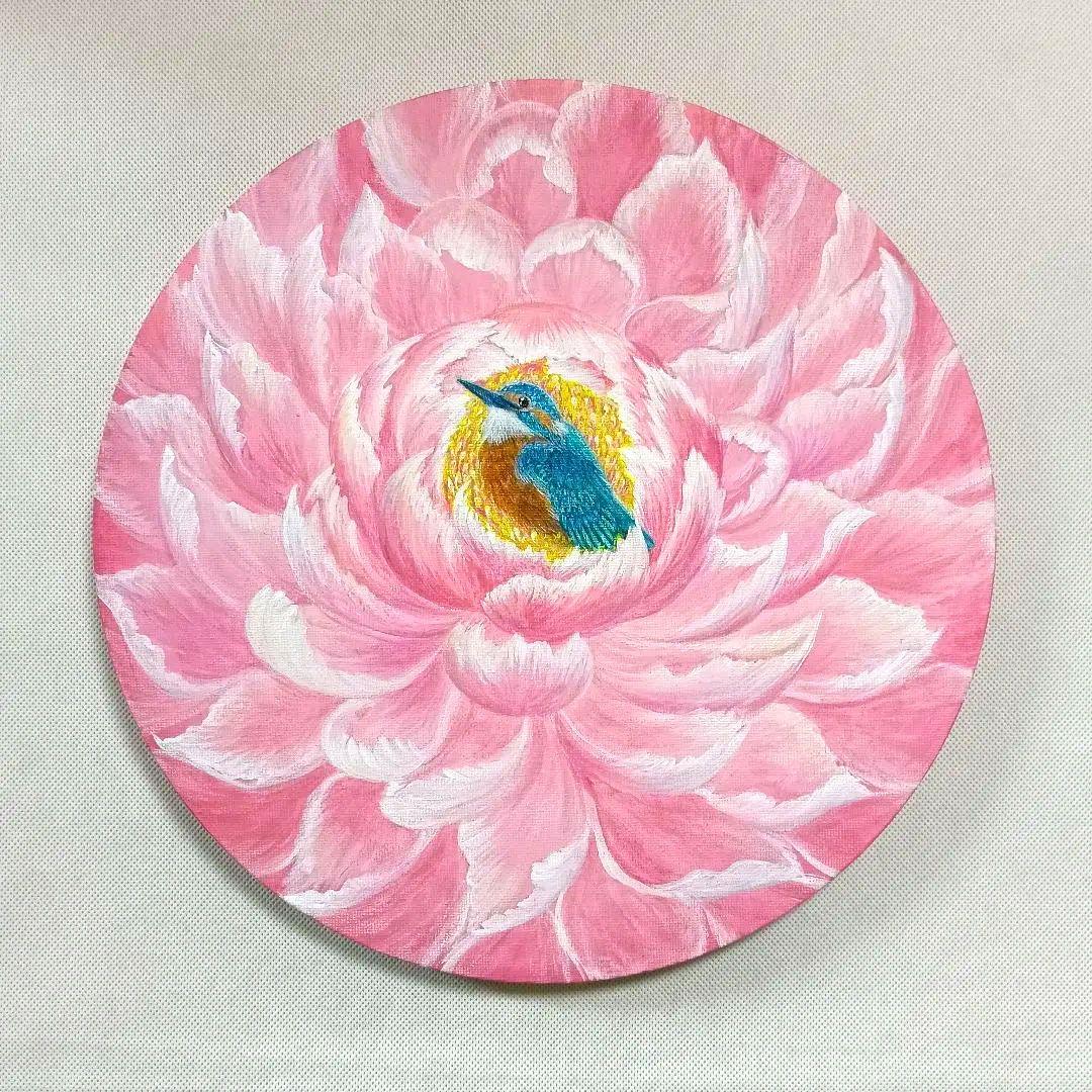 No.563 丸形キャンバス　カワセミ牡丹　アクリル画　開運絵画