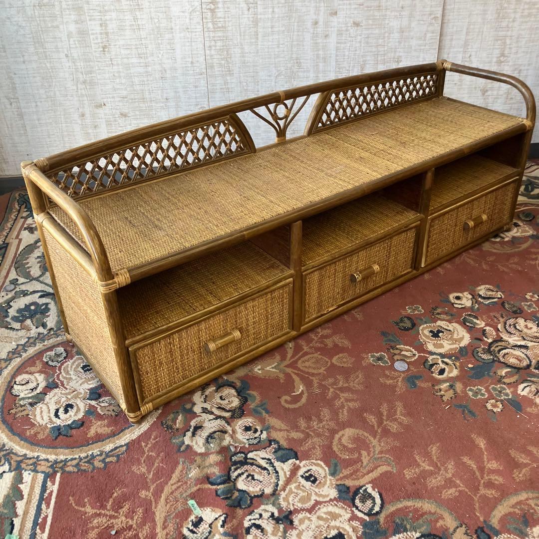 昭和レトロ 大型 ラタンサイドボード テレビ台 古家具 2段3杯 引き出し箪笥