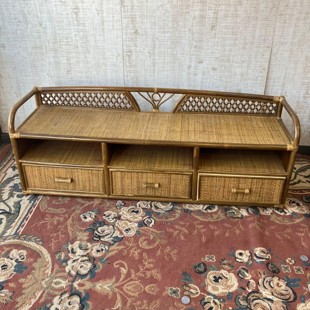 昭和レトロ 大型 ラタンサイドボード テレビ台 古家具 2段3杯 引き出し箪笥