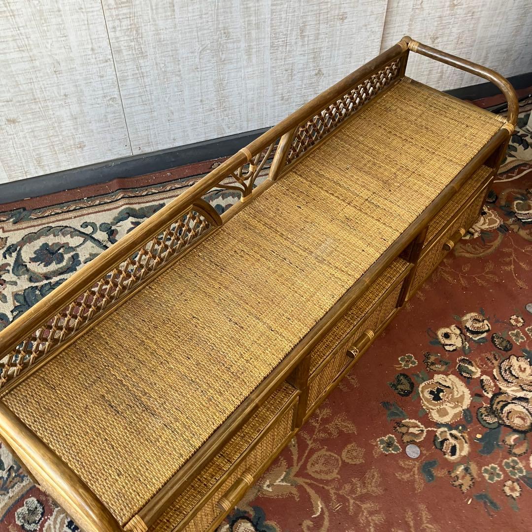 昭和レトロ 大型 ラタンサイドボード テレビ台 古家具 2段3杯 引き出し箪笥