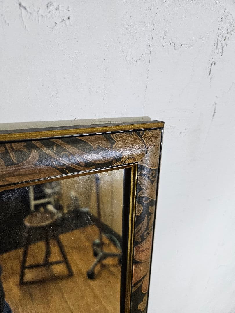 ヴィンテージ 木製 花柄の姿見 ウォールミラー 壁掛け 鏡 ウッドフレーム