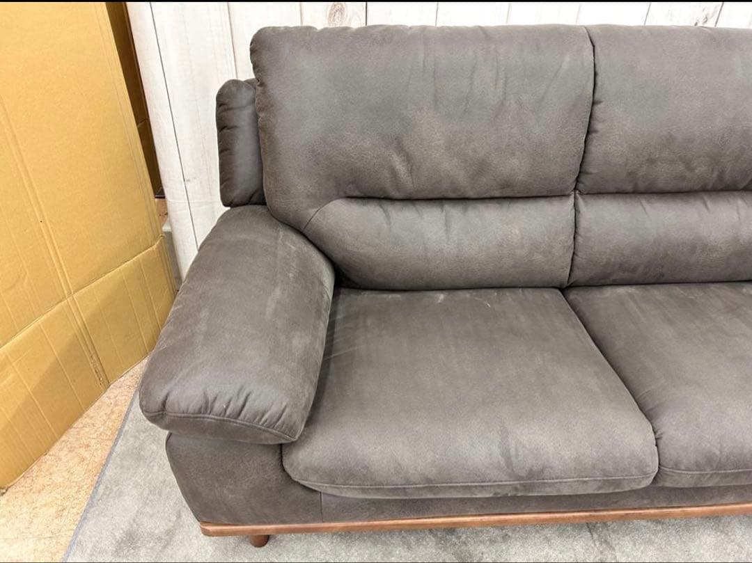 3人掛けソファー　ファブリックレザー調　ダークグレー