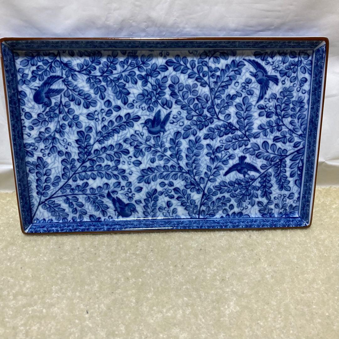 龍峰窯 染付 萩鳥絵 雀 長角皿 5枚 和食器 和皿 角皿 長皿 刺身皿