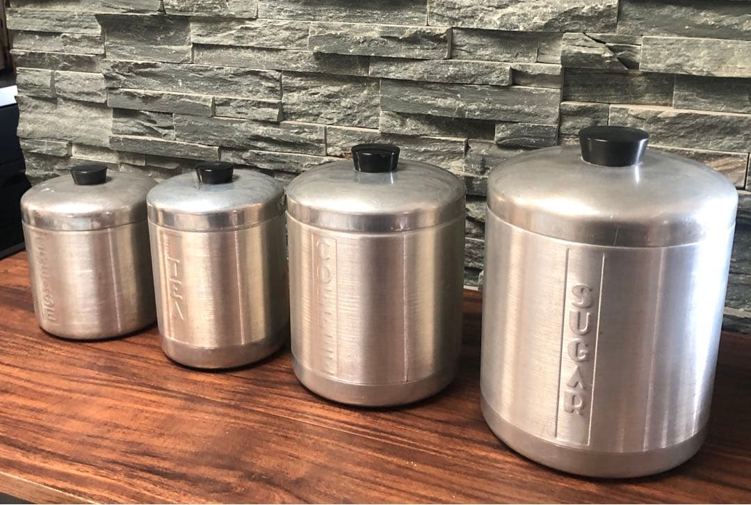 アメリカンヴィンテージ★無骨なアルミ製キャニスター4個セット★男前キッチンに最適