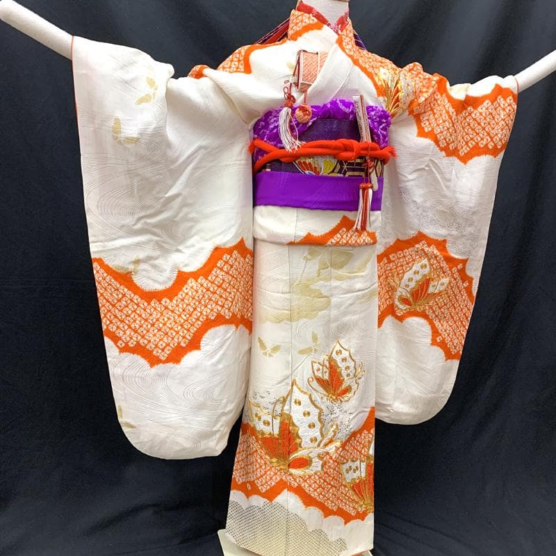 512ag63□七五三 七歳 女児 着物&袋帯 金駒刺繍 蝶 絞染め□美品