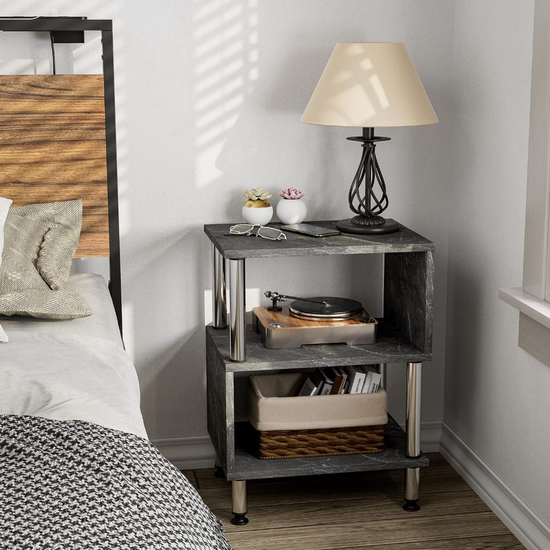 ☆見せる収納S型サイドテーブル　大理石調　ブラック　シンプル