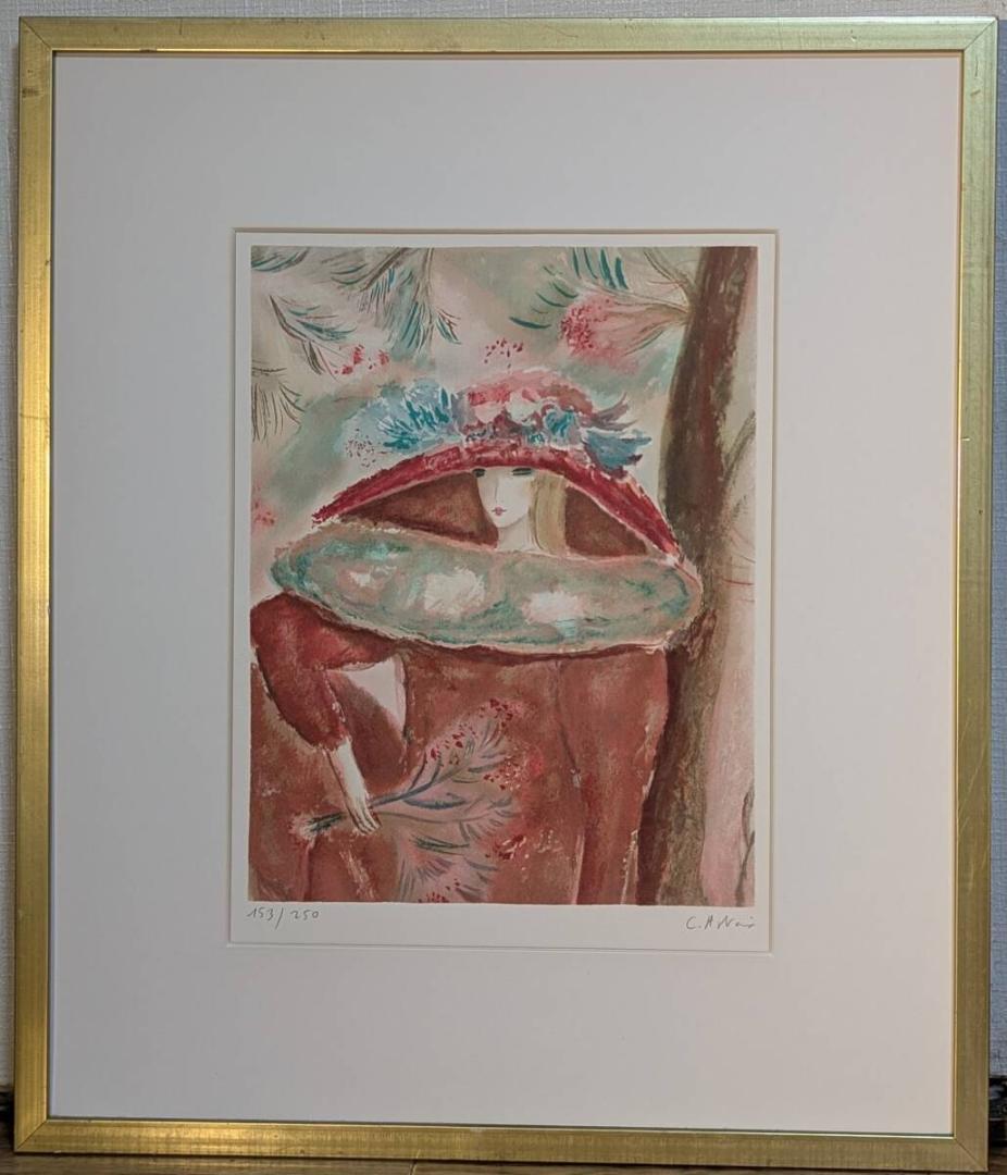 真作】版画 クレール・アステックス リトグラフ 赤い帽子のレディ Z161