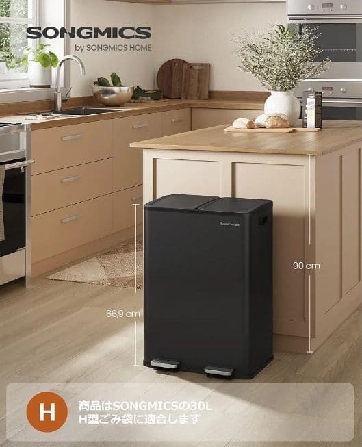 ゴミ箱 分別 2x30L ふた付きダストボックス キッチン用 ペダル式 ブラック