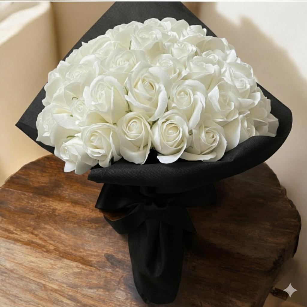2.16記念日に 永遠に咲くサヴォンローズ モノトーン花束 黒リボン 推し活に