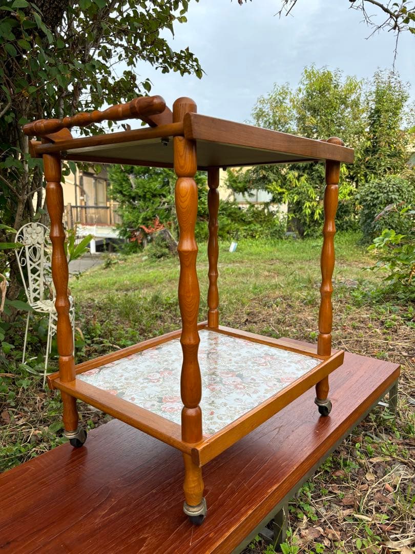 60〜70s 木製 2段式キッチンワゴン トローリーワゴン　花柄 昭和レトロ