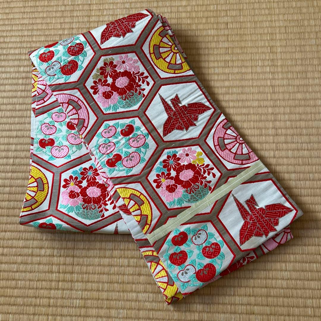 七五三　結び帯　帯　両面柄　赤　7歳　七歳　豪華両面柄入り　折鶴　折り鶴　鶴