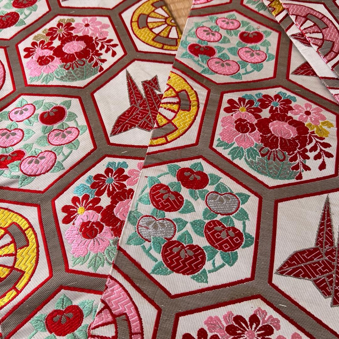 七五三　結び帯　帯　両面柄　赤　7歳　七歳　豪華両面柄入り　折鶴　折り鶴　鶴