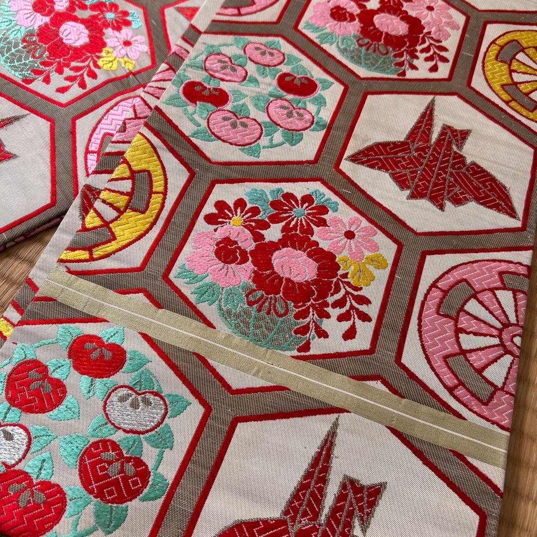 七五三　結び帯　帯　両面柄　赤　7歳　七歳　豪華両面柄入り　折鶴　折り鶴　鶴