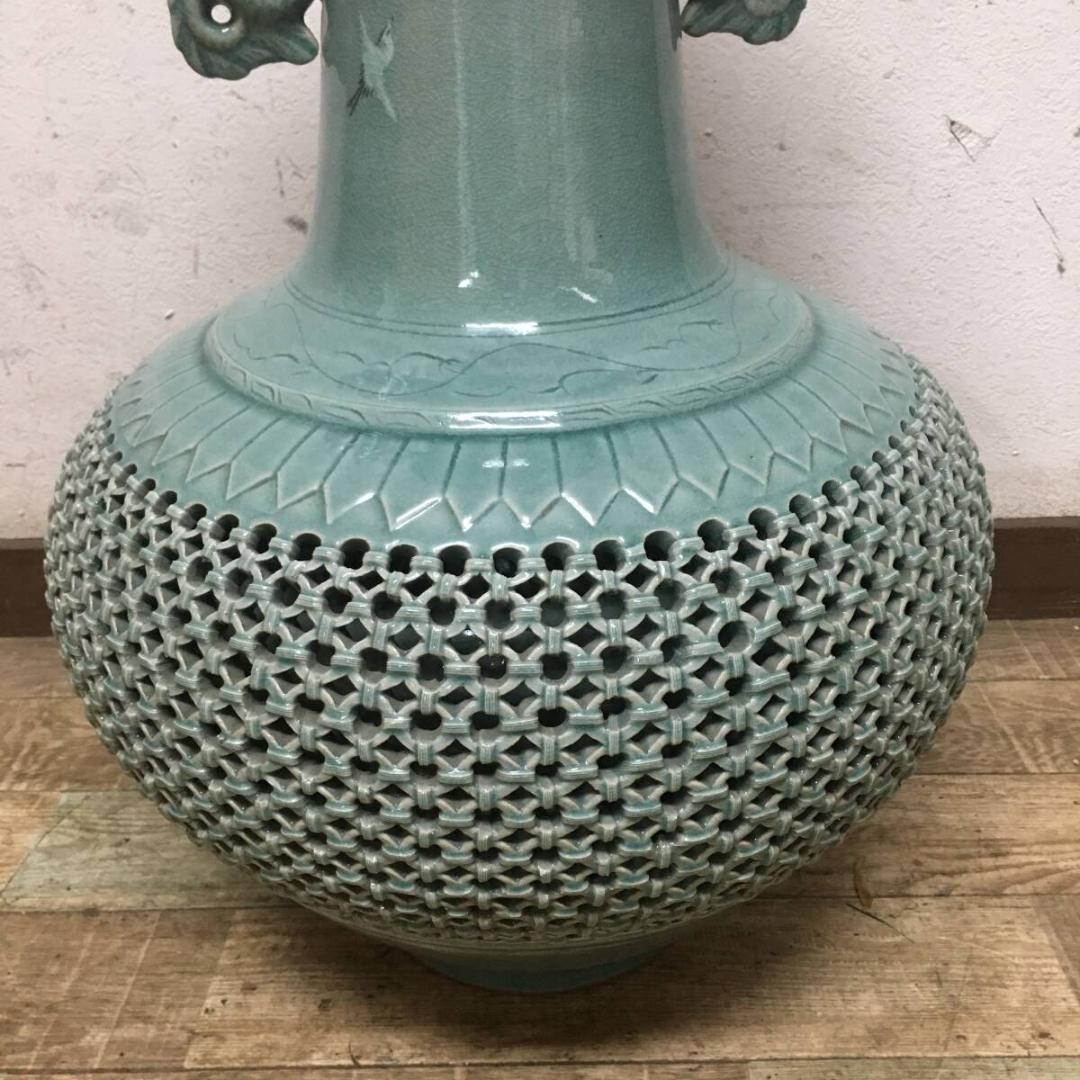 青磁大壺 芸泉 青磁壺 高麗青磁 壺 高さ63㎝ 花瓶 透彫 透かし 鶴雲文