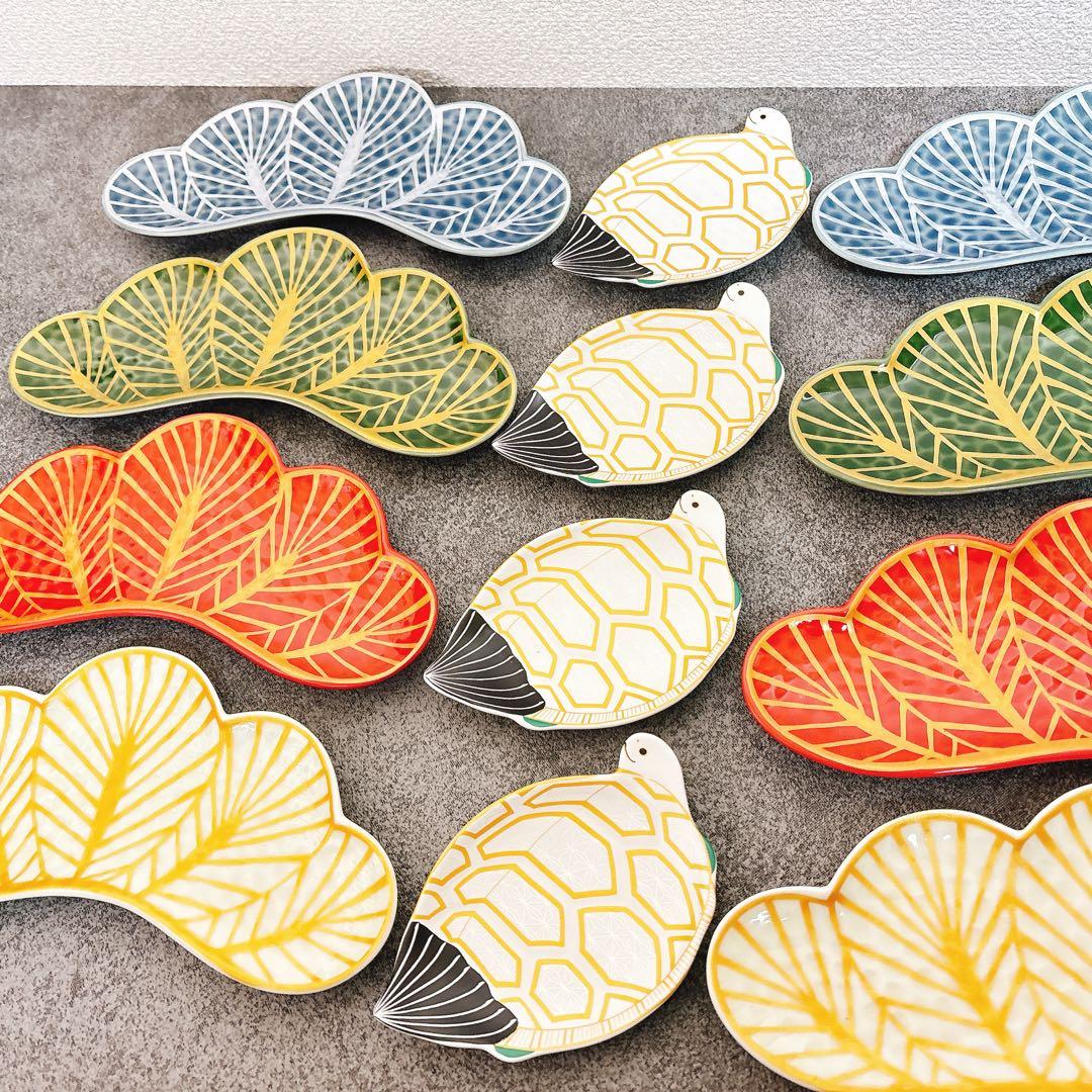 ６姉妹ママ様ご依頼錦金松葉形前菜皿　緑金白金　赤金　青銀　亀銘々皿　12点セット