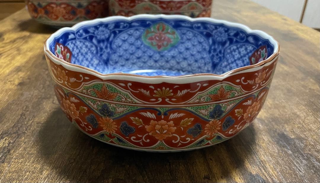 前畑陶器 庫山窯 染錦花鳥 中鉢 盛鉢 間取花紋 古伊万里 19cm 5個