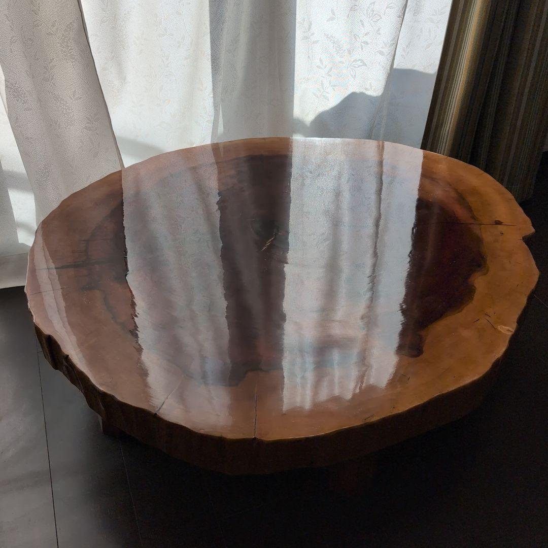 【高級】一枚板輪切り座卓　大株丸太1本木　年輪　天然木 光沢仕上げ