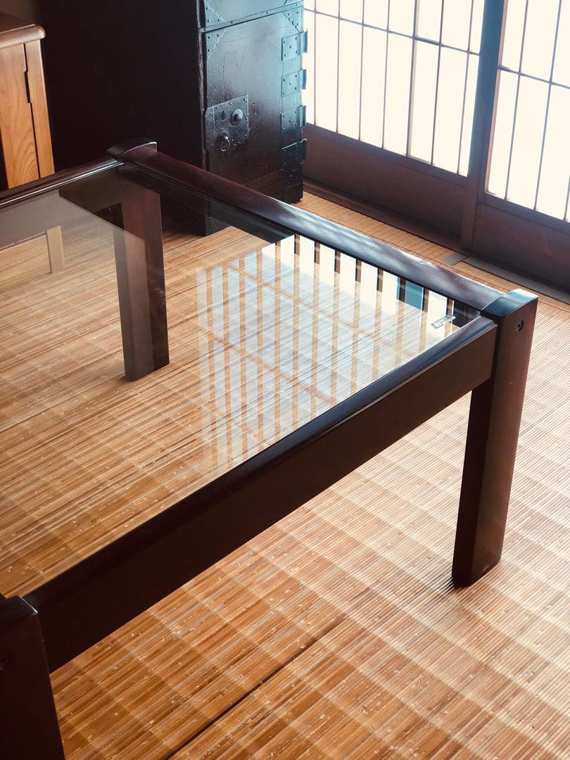 カリモク家具 希少オールド ガラステーブル／ローテーブル／昭和レトロ モダン