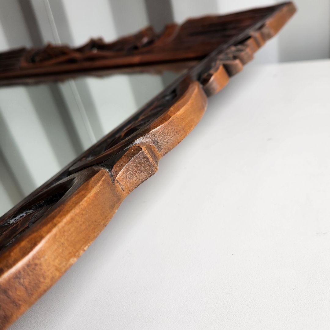 アンティーク　木彫り　ウォールミラー　天然木　壁鏡　彫刻　木枠　ヴィンテージ