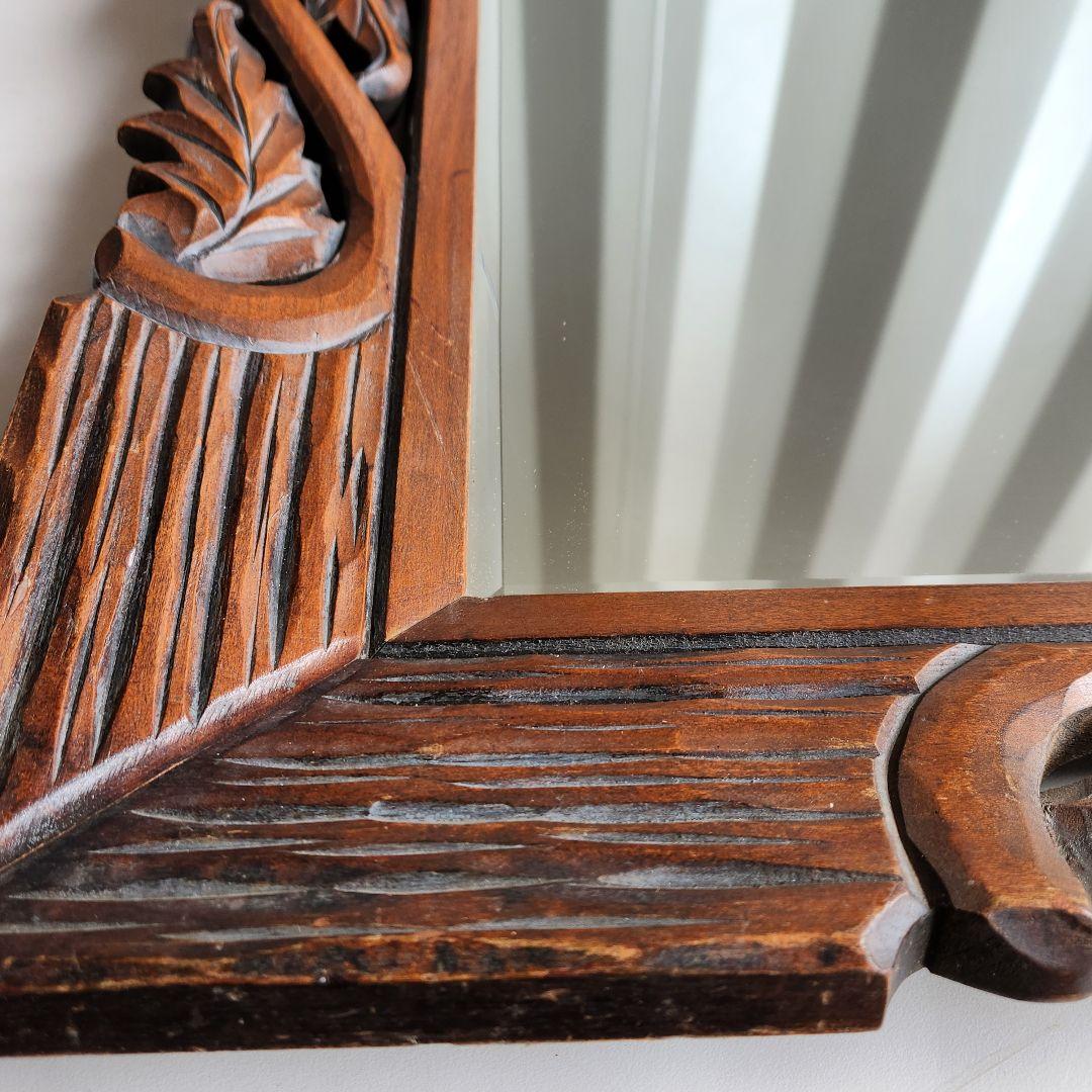 アンティーク　木彫り　ウォールミラー　天然木　壁鏡　彫刻　木枠　ヴィンテージ
