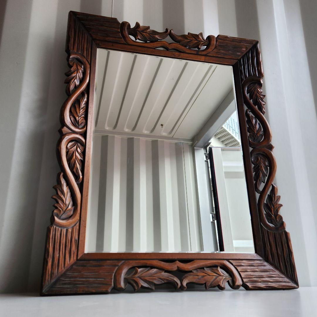 アンティーク　木彫り　ウォールミラー　天然木　壁鏡　彫刻　木枠　ヴィンテージ