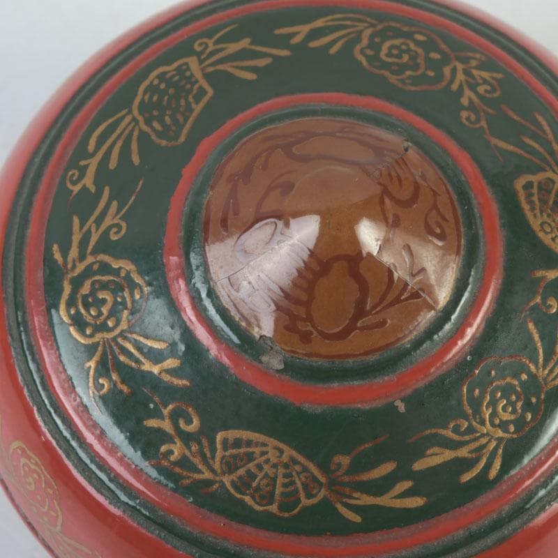 茶道具　朱塗　貝蒔絵　香合　仕覆付　V　9854