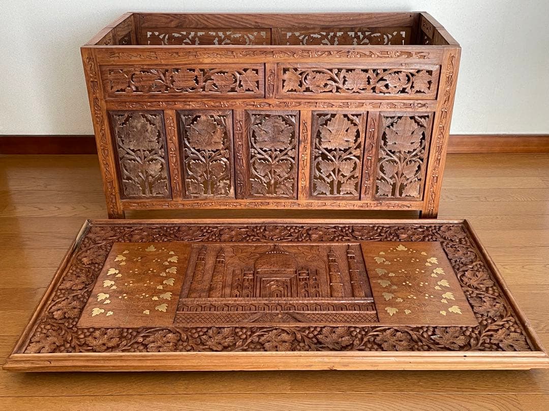 アジアン家具 インド製 サイドテーブル 木彫り 折り畳み式 アンティーク